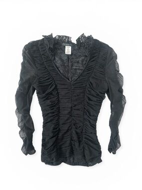VTG 90s Casadei Black Ruched Sheer Lace Long Sleeve Blouse